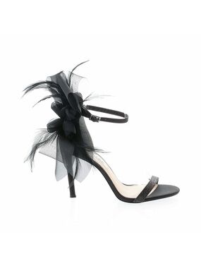 NINA ~ Black Feather Detail Ankle-Strap Stiletto Glitter Peep Toe Sandals